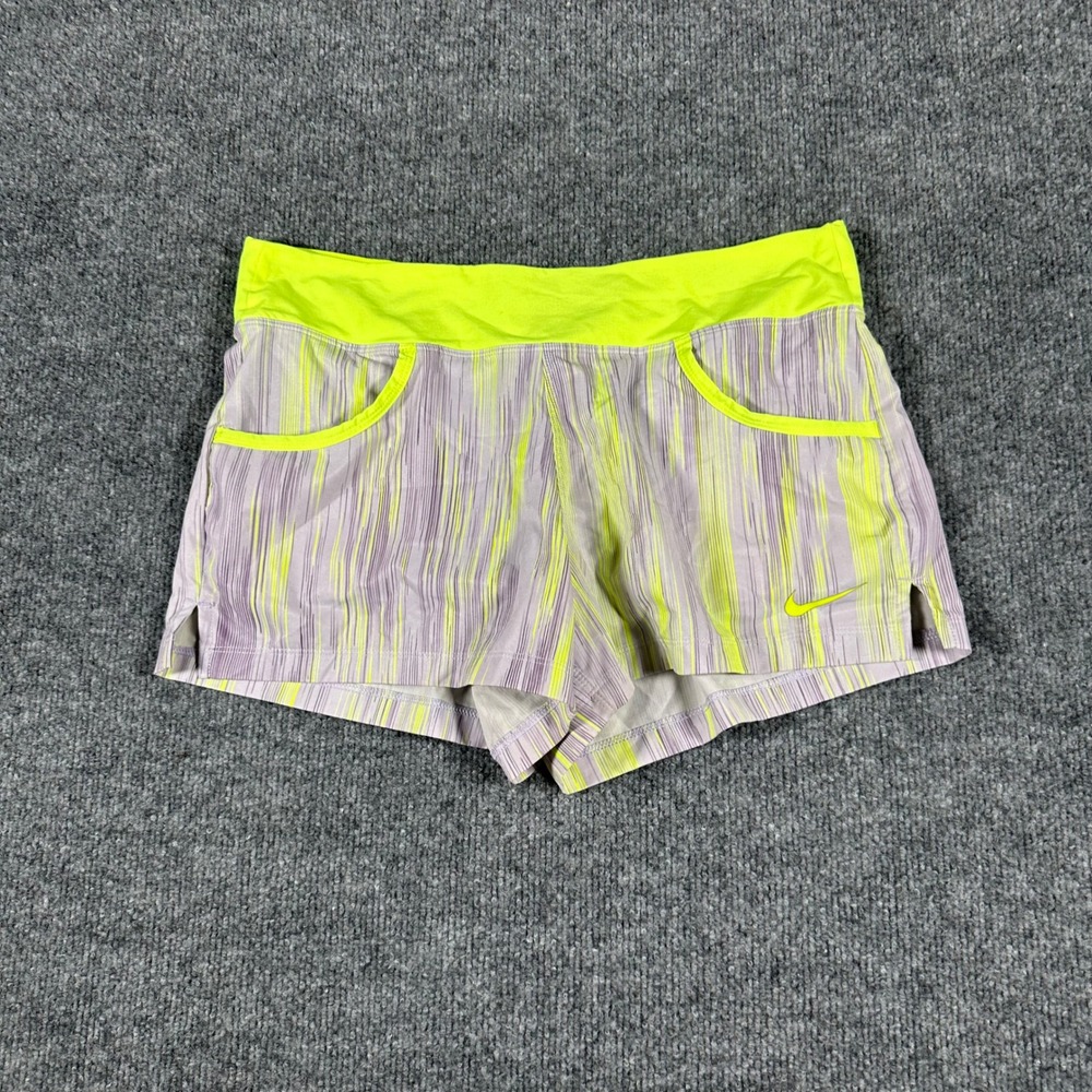 Nike Athletic Shorts Womens Size M Purple Neon Yellow Striped Dri-Fit Running